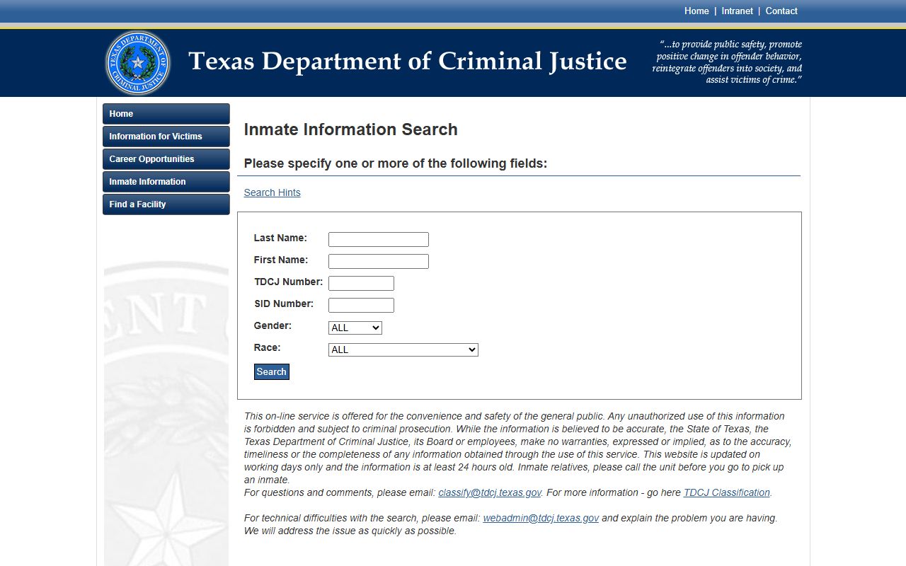 TDCJ inmate search fields for Harrison County state prison lookup